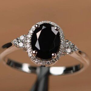NEW Black Oval Gemstone Ring Crystal Halo Silver Tone CZ Statement Elegant Ring